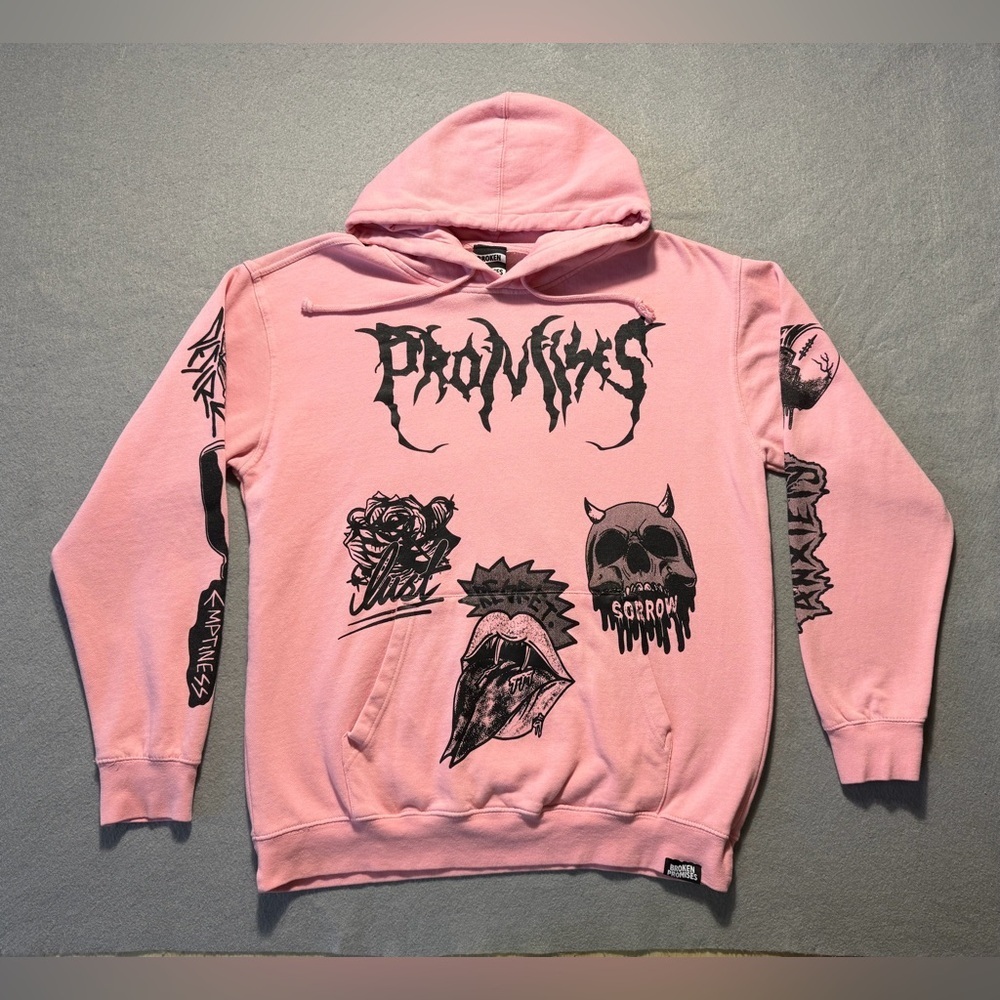 Broken Promises Hoodie Men’s Large Pink Graphic Streetwear Skull Rose